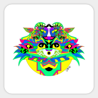 eye in the sky in kaiju sphinx madness ecopop mexican patterns and color wallpaper Sticker